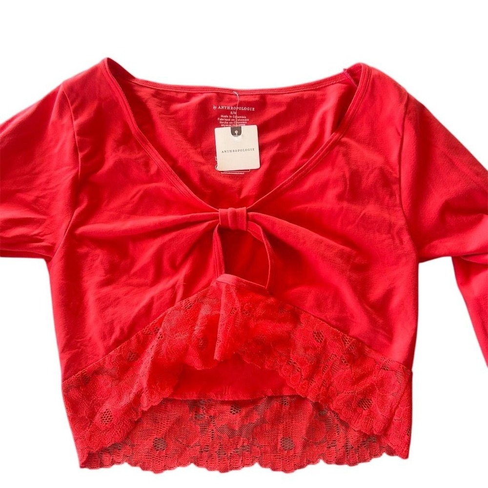 NWT Anthropologie Red Lace Trimmed Cropped Bolero Cardigan Long Sleeve S M - Picture 8 of 8